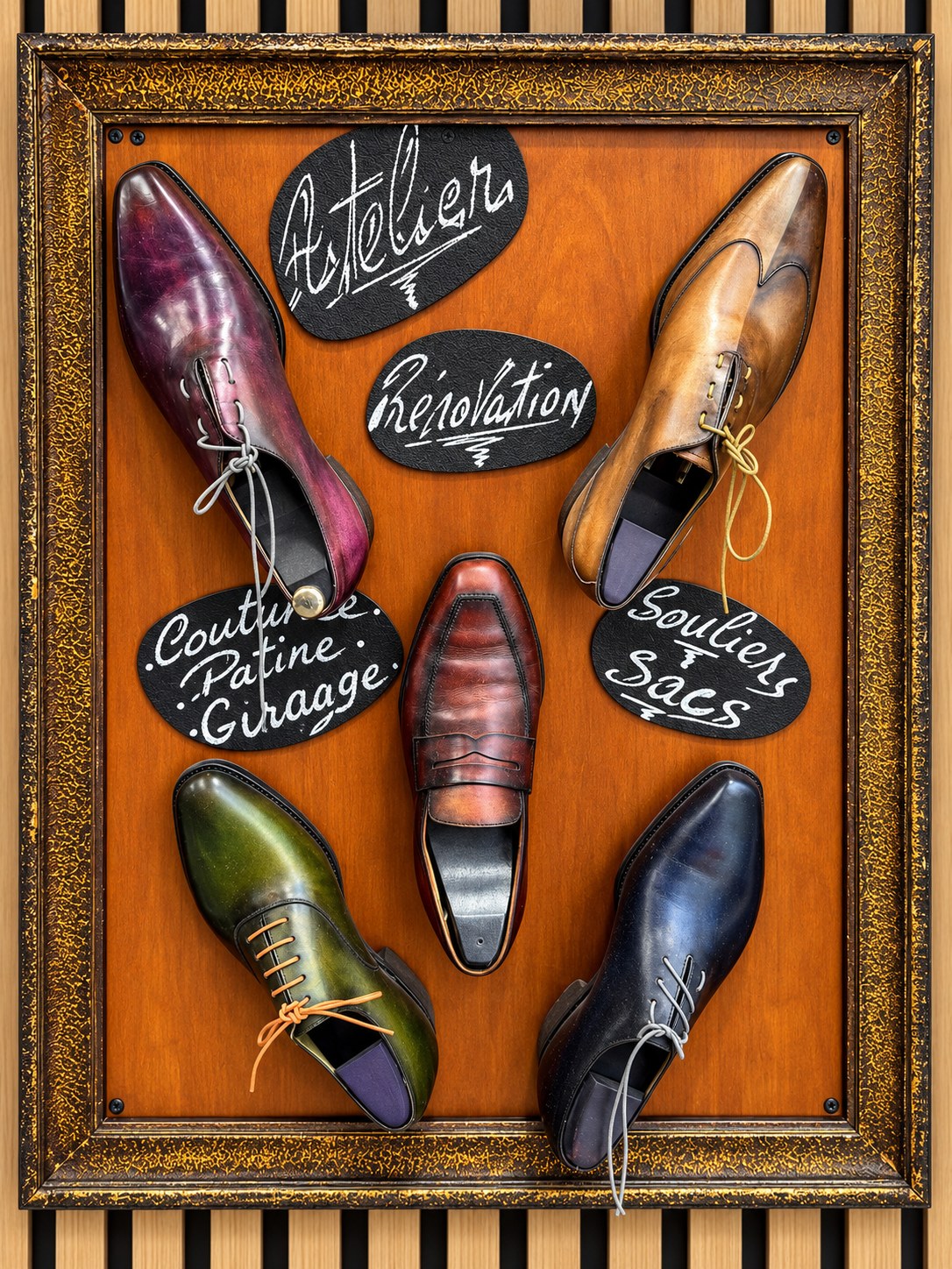 Le tableau de chaussures patinées exposé dans l’atelier Lina Cordo